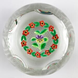 Perthshire 1998D Garlanded Pansy Lampwork Flower Leaves Clear Facet Paperweight